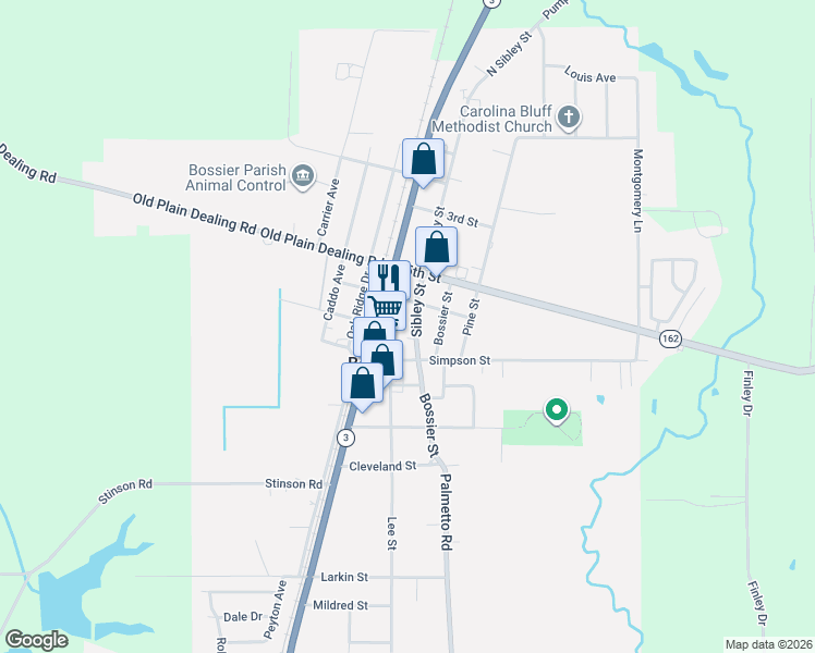 map of restaurants, bars, coffee shops, grocery stores, and more near 6560 Louisiana 3 in Benton