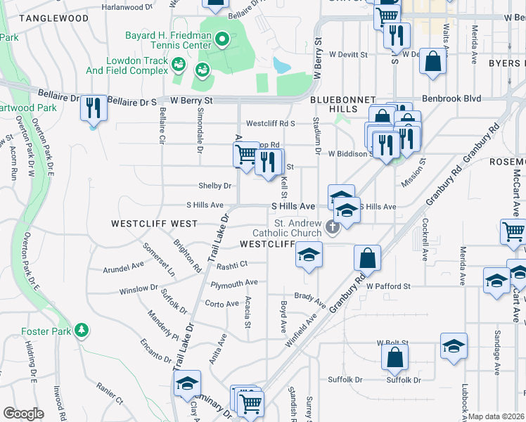 map of restaurants, bars, coffee shops, grocery stores, and more near 3513 South Hills Avenue in Fort Worth