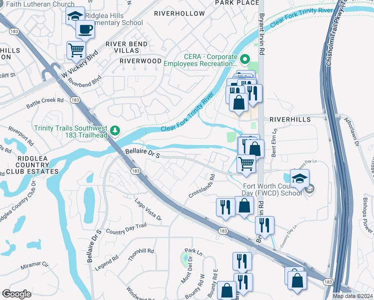 map of restaurants, bars, coffee shops, grocery stores, and more near 5706 Cedar Creek Drive in Benbrook