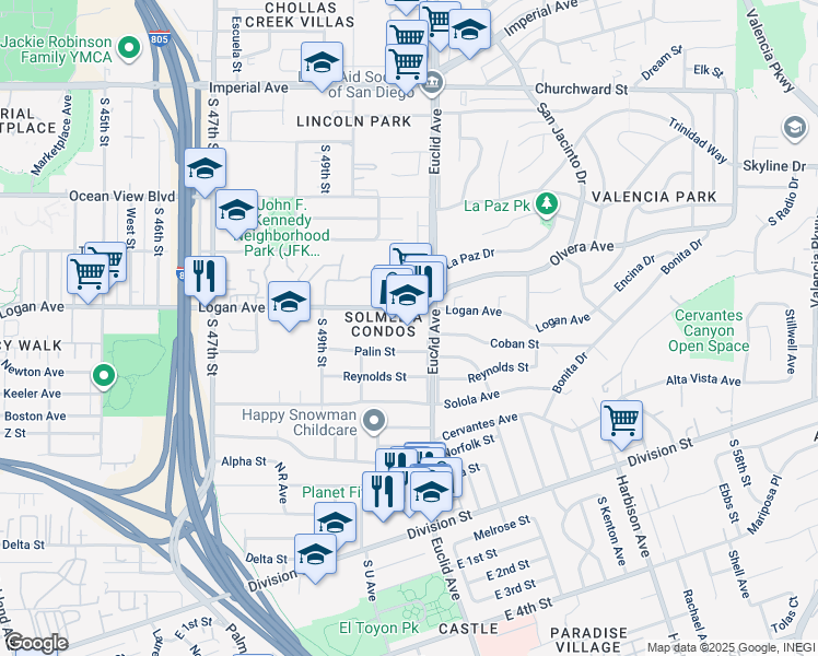 map of restaurants, bars, coffee shops, grocery stores, and more near 5096 Palin Street in San Diego