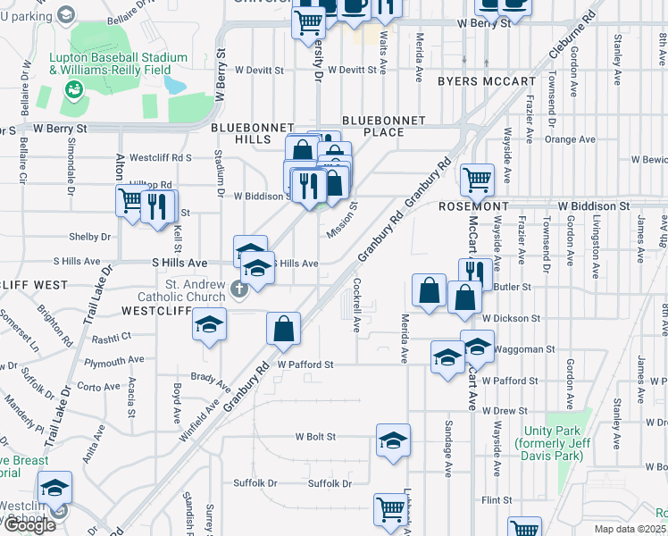 map of restaurants, bars, coffee shops, grocery stores, and more near 2949 South Hills Avenue in Fort Worth