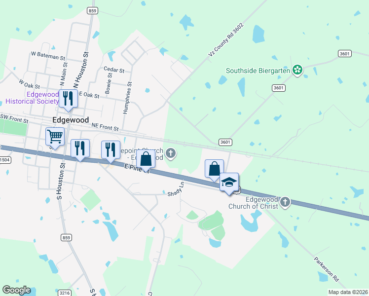 map of restaurants, bars, coffee shops, grocery stores, and more near 602 Southeast Front Street in Edgewood