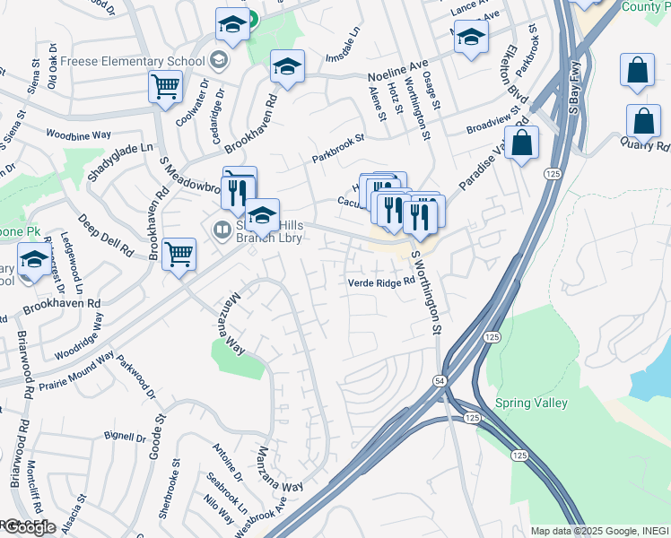 map of restaurants, bars, coffee shops, grocery stores, and more near 8239 Warmwood Avenue in Spring Valley