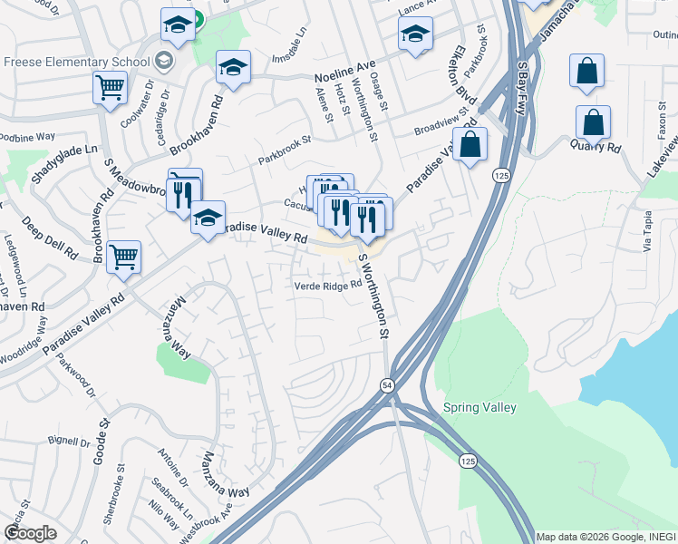 map of restaurants, bars, coffee shops, grocery stores, and more near 447 Ridgeway Court in Spring Valley