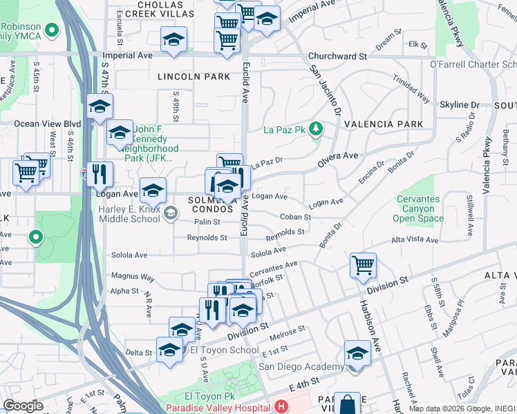 map of restaurants, bars, coffee shops, grocery stores, and more near 5122 Coban Street in San Diego