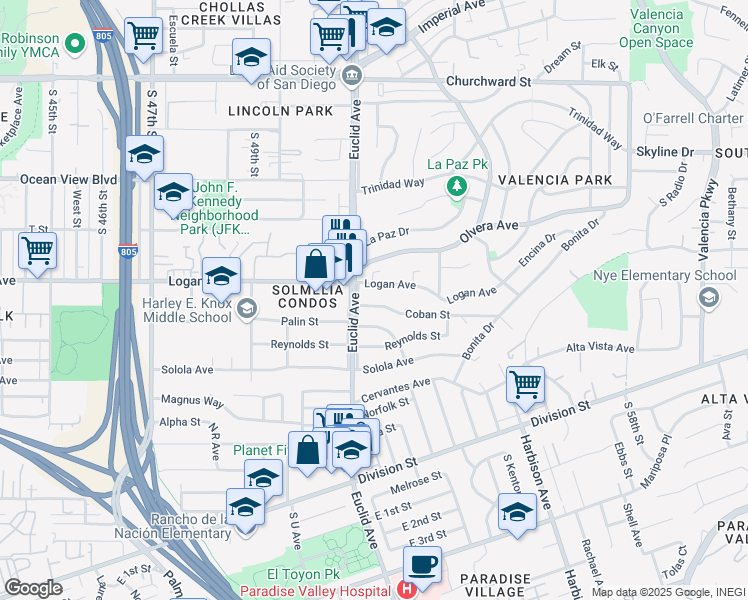 map of restaurants, bars, coffee shops, grocery stores, and more near 5122 Coban Street in San Diego