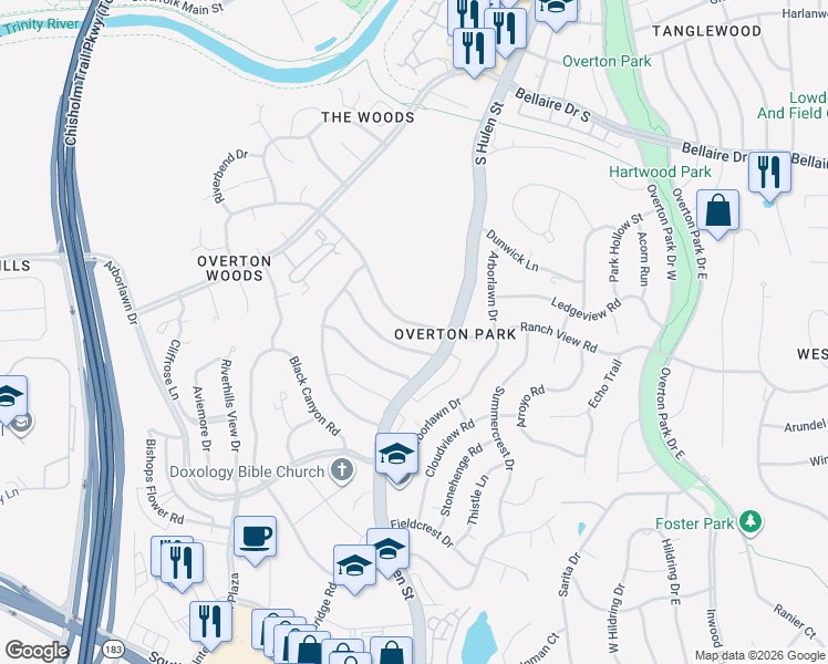 map of restaurants, bars, coffee shops, grocery stores, and more near 4600 Boulder Run in Fort Worth