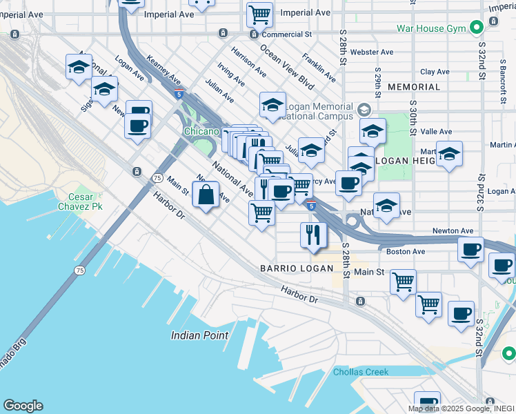 map of restaurants, bars, coffee shops, grocery stores, and more near 2282 1/2 Newton Avenue in San Diego