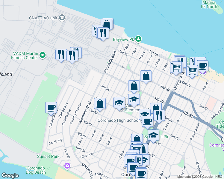 map of restaurants, bars, coffee shops, grocery stores, and more near 417 5th Street in Coronado