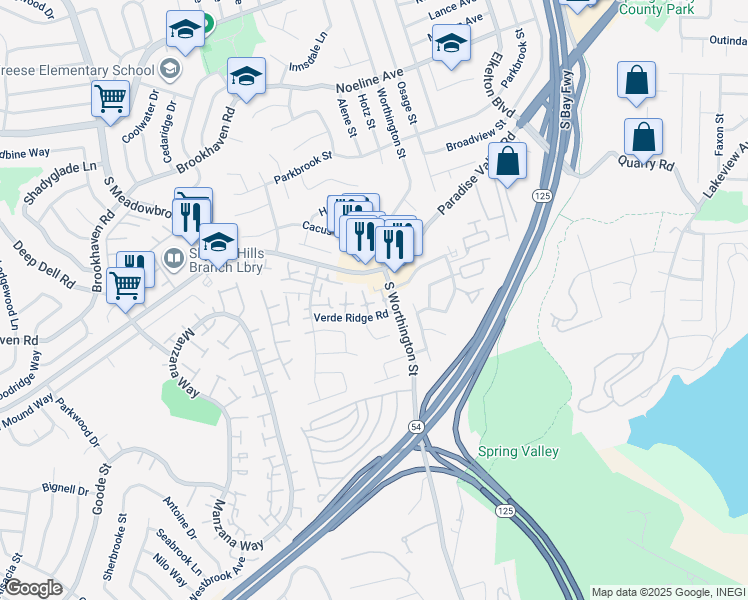 map of restaurants, bars, coffee shops, grocery stores, and more near 8365 Sweetway Court in Spring Valley