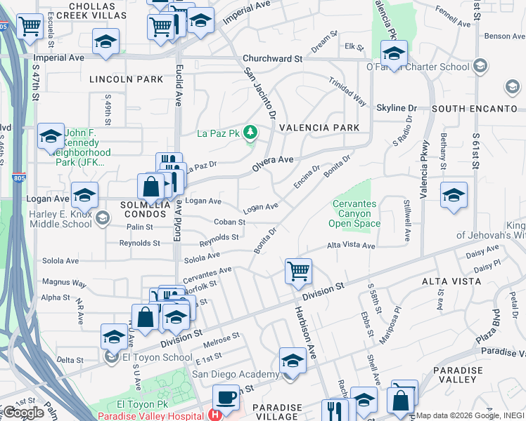 map of restaurants, bars, coffee shops, grocery stores, and more near 5354 Bonita Drive in San Diego