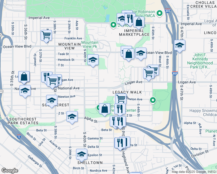 map of restaurants, bars, coffee shops, grocery stores, and more near 4152 Newton Avenue in San Diego