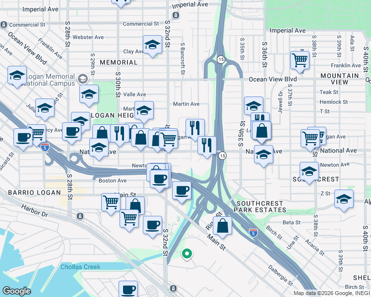 map of restaurants, bars, coffee shops, grocery stores, and more near 3325 National Avenue in San Diego
