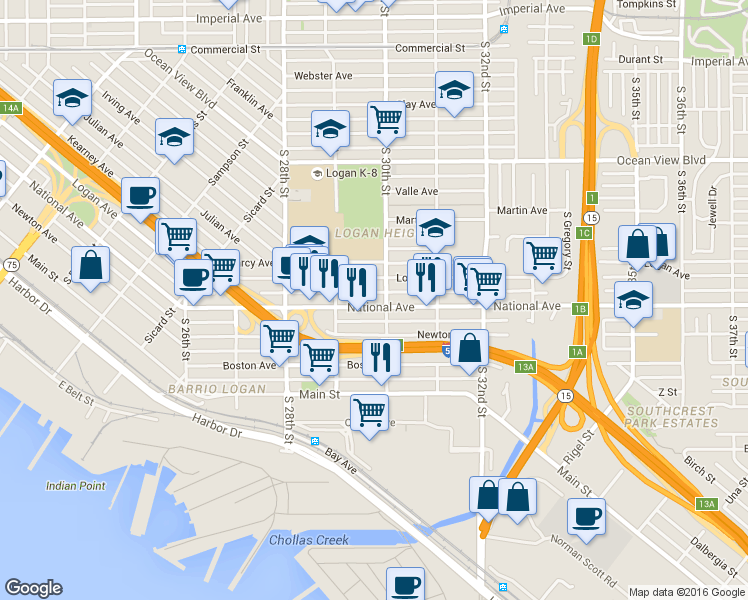 map of restaurants, bars, coffee shops, grocery stores, and more near 2951 National Avenue in San Diego