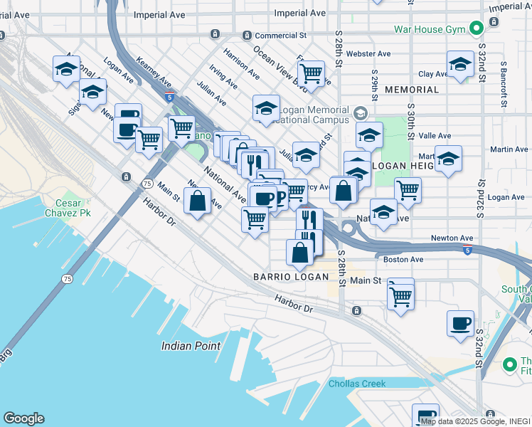 map of restaurants, bars, coffee shops, grocery stores, and more near 1020 South 26th Street in San Diego