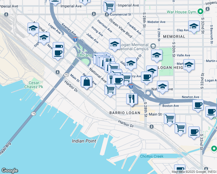 map of restaurants, bars, coffee shops, grocery stores, and more near 2282 1/2 Newton Avenue in San Diego