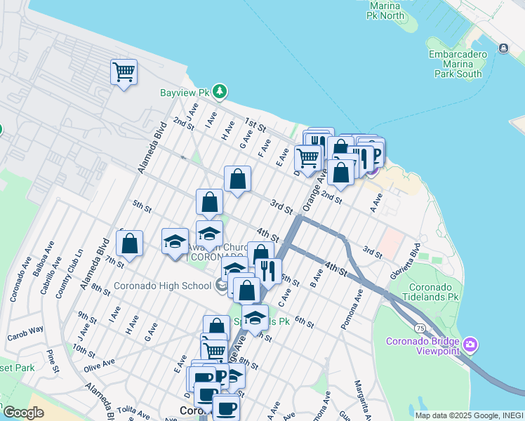 map of restaurants, bars, coffee shops, grocery stores, and more near 375 E Avenue in Coronado
