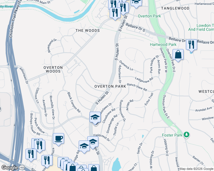 map of restaurants, bars, coffee shops, grocery stores, and more near 4600 Boulder Run in Fort Worth