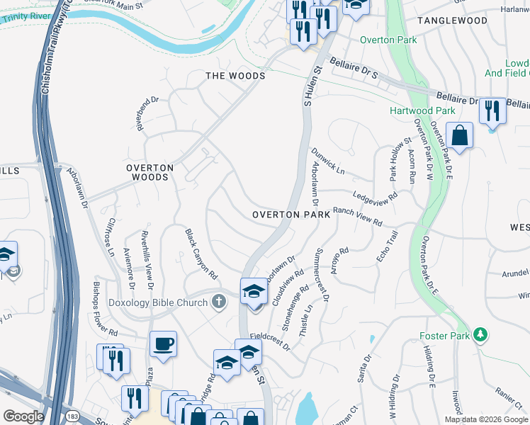 map of restaurants, bars, coffee shops, grocery stores, and more near 4600 Boulder Run in Fort Worth