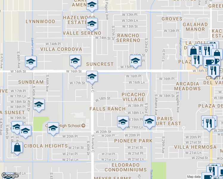 map of restaurants, bars, coffee shops, grocery stores, and more near 3760 West 17th Place in Yuma