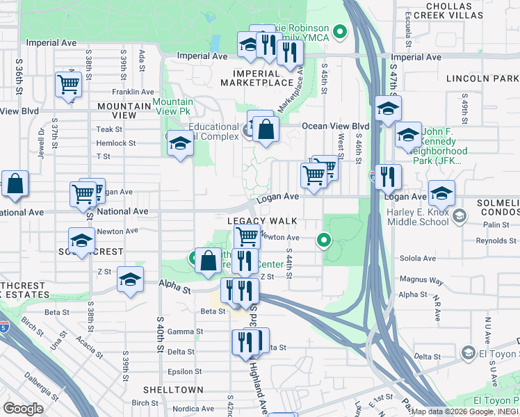 map of restaurants, bars, coffee shops, grocery stores, and more near 4300 Newton Avenue in San Diego