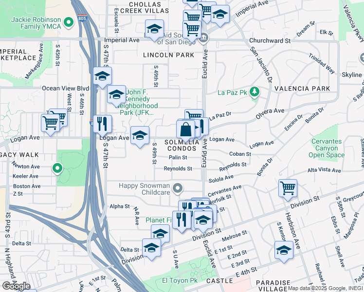 map of restaurants, bars, coffee shops, grocery stores, and more near 5029 Logan Avenue in San Diego