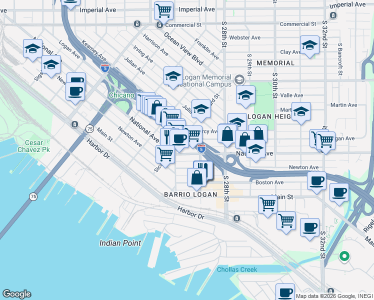 map of restaurants, bars, coffee shops, grocery stores, and more near 2669 National Avenue in San Diego