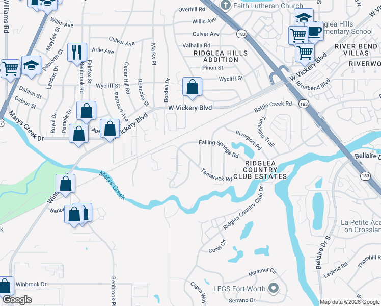 map of restaurants, bars, coffee shops, grocery stores, and more near 7201 Tamarack Road in Benbrook