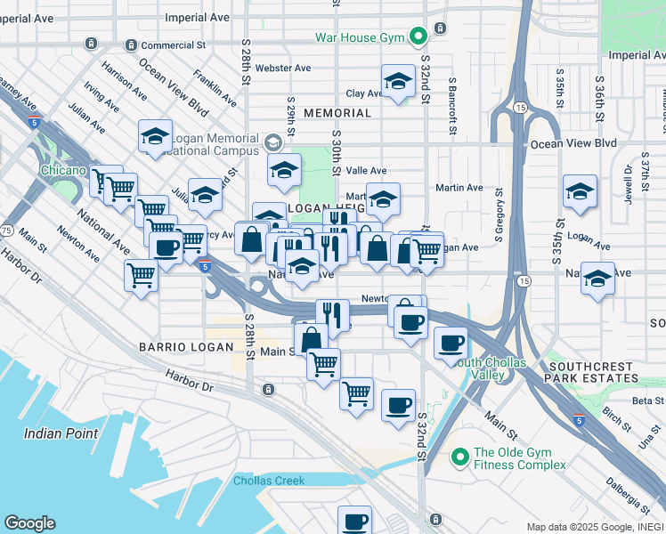 map of restaurants, bars, coffee shops, grocery stores, and more near 3005 National Avenue in San Diego