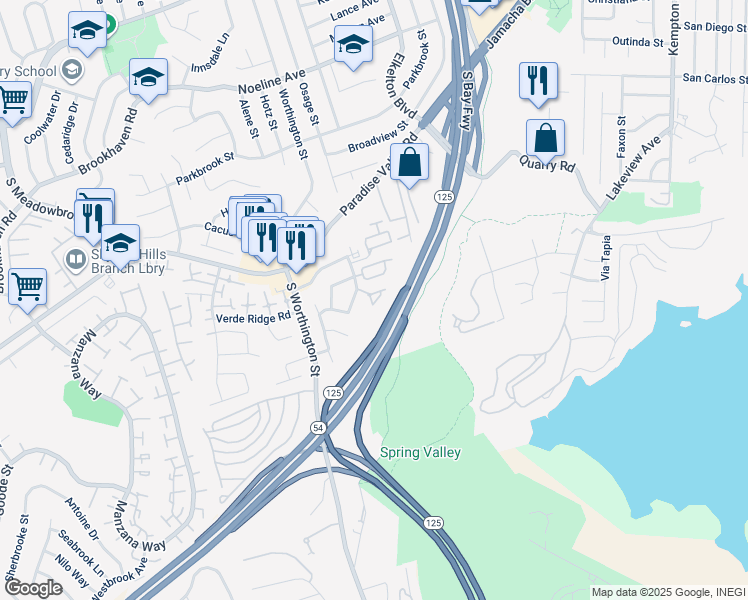 map of restaurants, bars, coffee shops, grocery stores, and more near 8475 Avenida Angulia in Spring Valley
