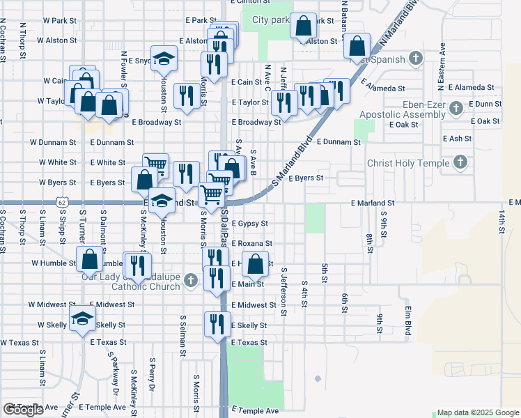 map of restaurants, bars, coffee shops, grocery stores, and more near 447-499 South Ave C in Hobbs