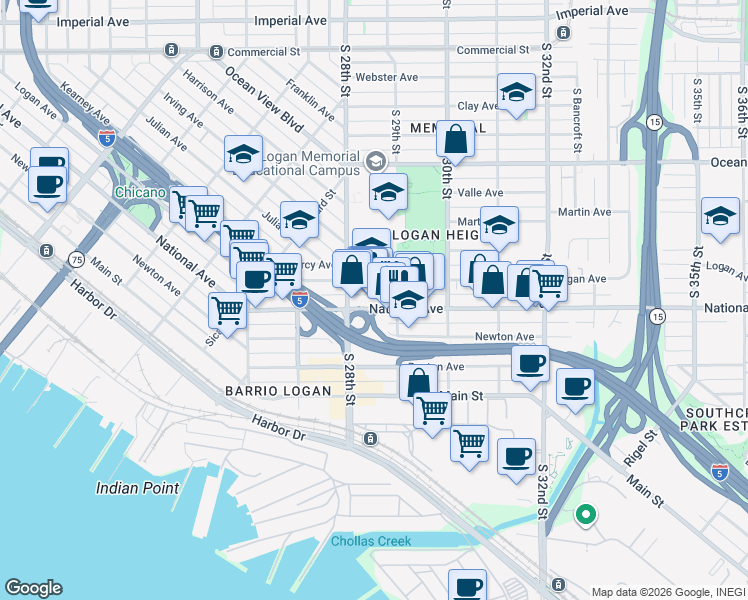 map of restaurants, bars, coffee shops, grocery stores, and more near 2850 Logan Avenue in San Diego