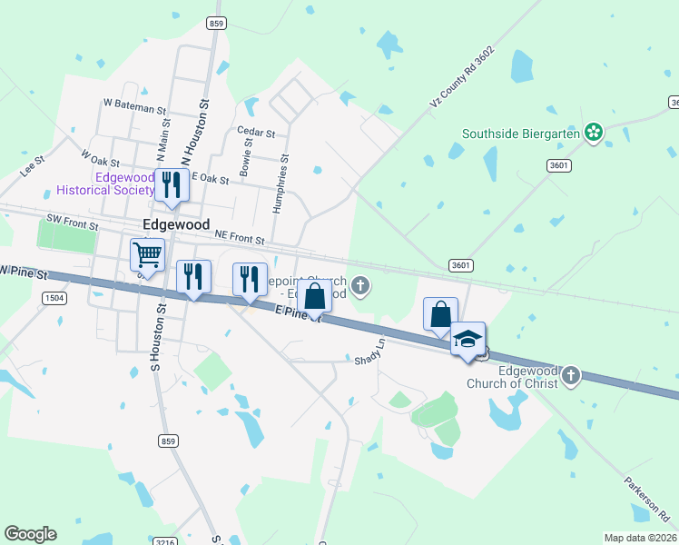 map of restaurants, bars, coffee shops, grocery stores, and more near 602 Southeast Front Street in Edgewood