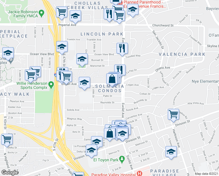 map of restaurants, bars, coffee shops, grocery stores, and more near 5025 Logan Avenue in San Diego