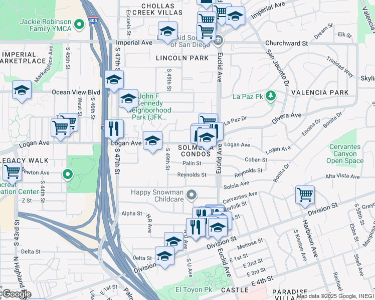 map of restaurants, bars, coffee shops, grocery stores, and more near 4944 Logan Avenue in San Diego