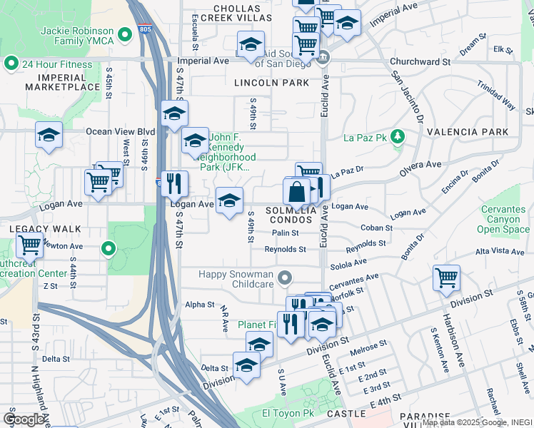 map of restaurants, bars, coffee shops, grocery stores, and more near 4944 Logan Avenue in San Diego