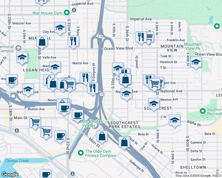 map of restaurants, bars, coffee shops, grocery stores, and more near 3522 National Avenue in San Diego