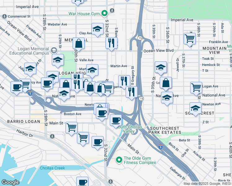 map of restaurants, bars, coffee shops, grocery stores, and more near 3238 Logan Avenue in San Diego