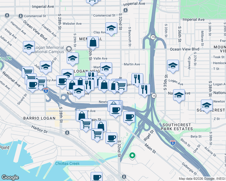 map of restaurants, bars, coffee shops, grocery stores, and more near 3172 Logan Avenue in San Diego