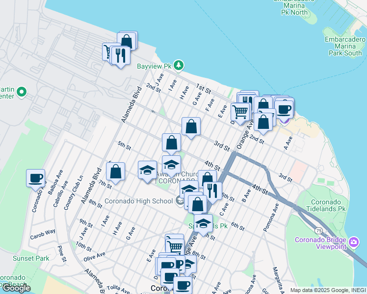 map of restaurants, bars, coffee shops, grocery stores, and more near 333 G Avenue in Coronado