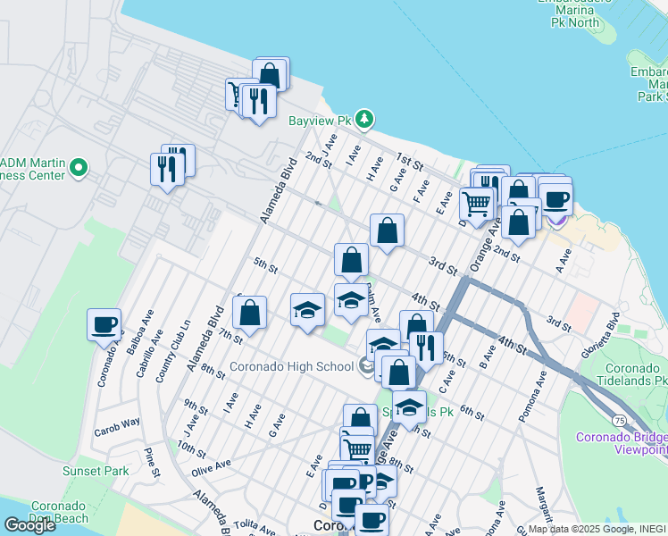 map of restaurants, bars, coffee shops, grocery stores, and more near 369 H Avenue in Coronado