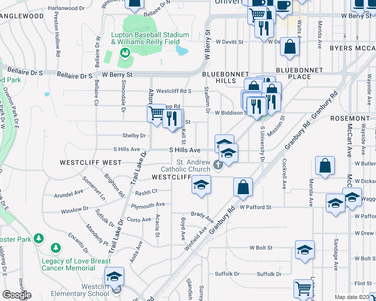 map of restaurants, bars, coffee shops, grocery stores, and more near 3608 Winston Road in Fort Worth