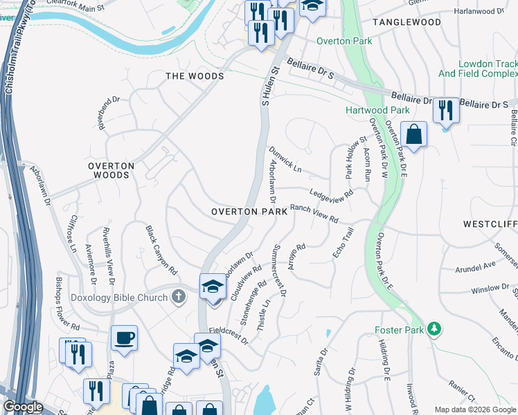map of restaurants, bars, coffee shops, grocery stores, and more near 3617 South Hulen Street in Fort Worth