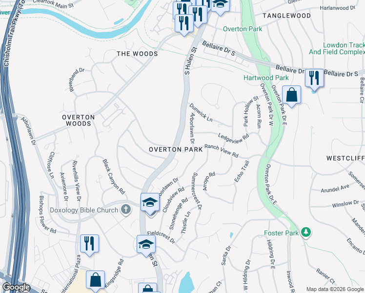 map of restaurants, bars, coffee shops, grocery stores, and more near 3617 South Hulen Street in Fort Worth