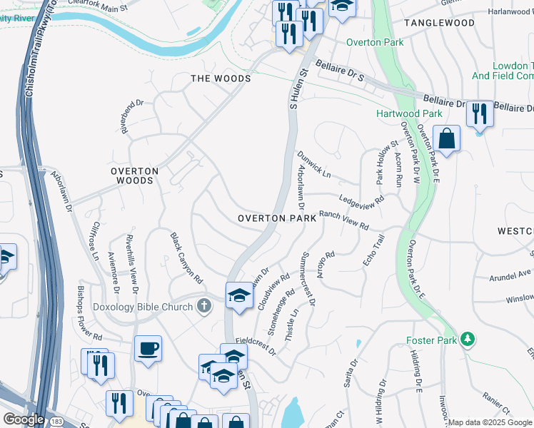 map of restaurants, bars, coffee shops, grocery stores, and more near 4608 Ranch View Road in Fort Worth