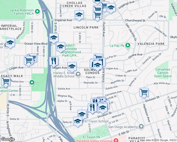 map of restaurants, bars, coffee shops, grocery stores, and more near 4944 Logan Avenue in San Diego