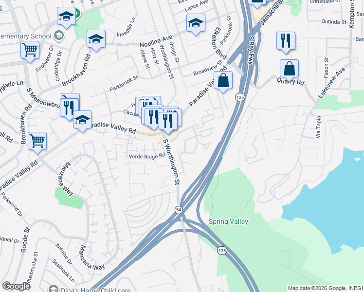 map of restaurants, bars, coffee shops, grocery stores, and more near 175 Linaza Lane in Spring Valley