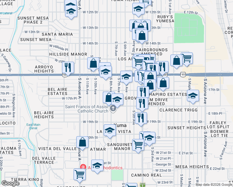 map of restaurants, bars, coffee shops, grocery stores, and more near 1617 South 8th Avenue in Yuma