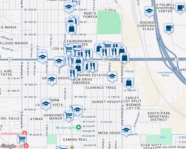 map of restaurants, bars, coffee shops, grocery stores, and more near 1700 South 1st Avenue in Yuma