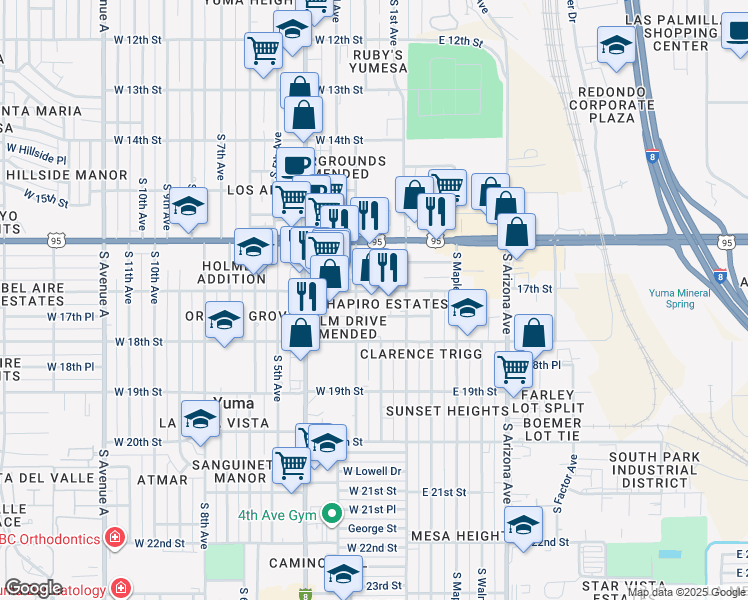 map of restaurants, bars, coffee shops, grocery stores, and more near 101 West 16th Street in Yuma